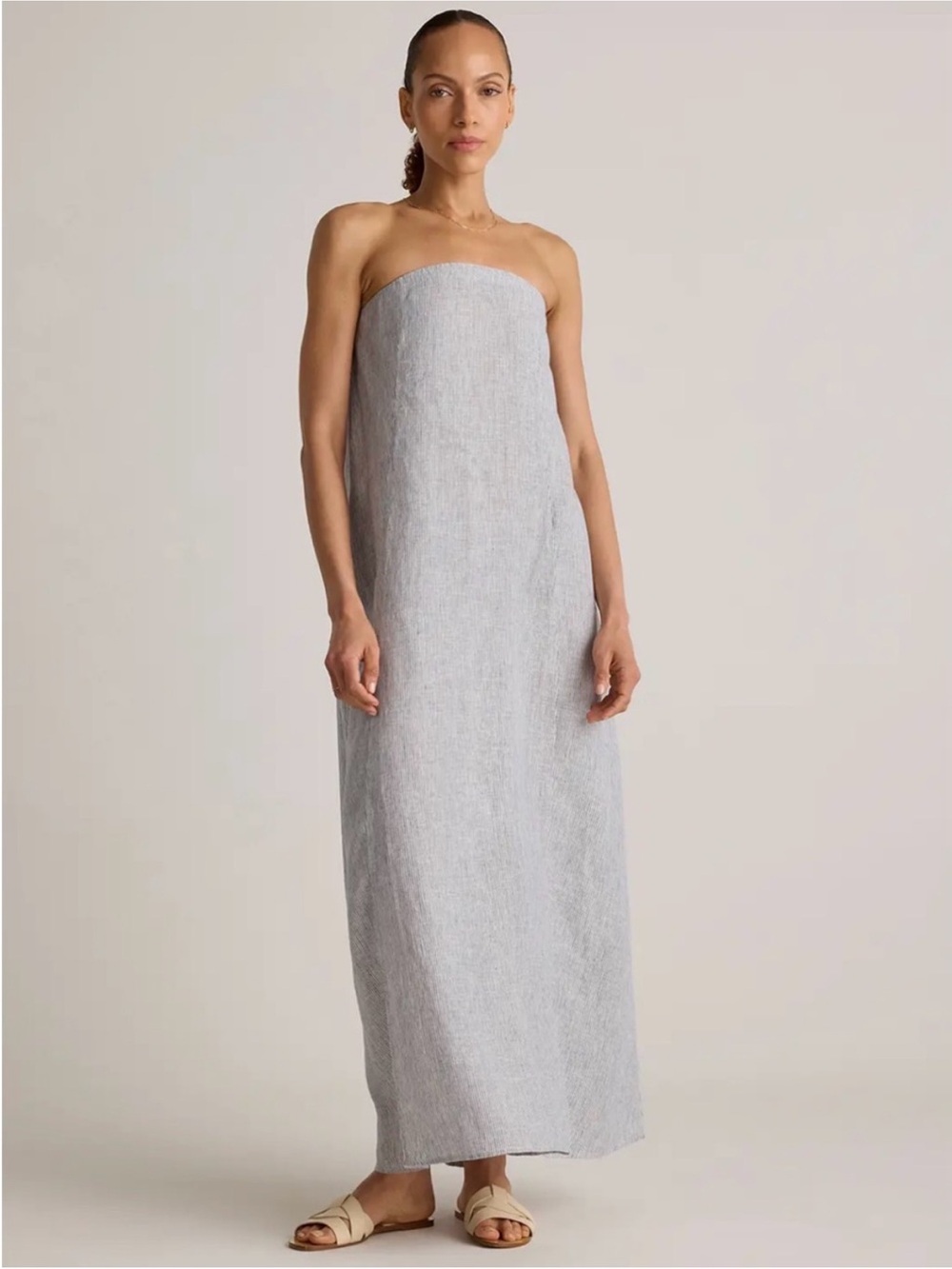 Quince 100% European Linen Strapless Maxi Dress Blue Pinstripe XL